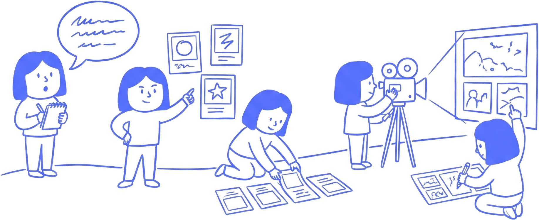 Hand-drawn illustration of the studio process from brief to production